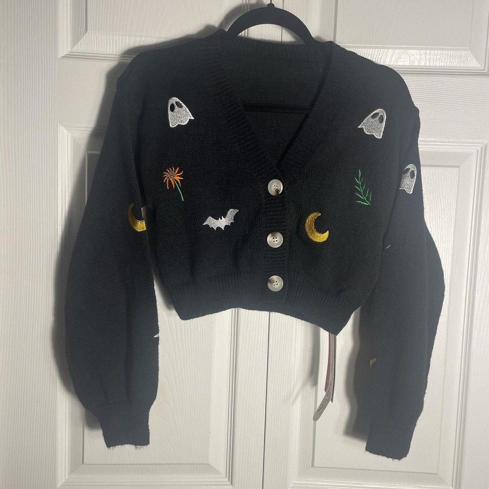 ROMWE Fairycore Moon Ghost Embroidery Landern Sleeve Cardigan Women M Black Knit